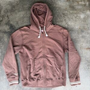 Mitchell & Ness Full Zip Brown Hooded Distressed Jacket Men's L Embroidered Logo